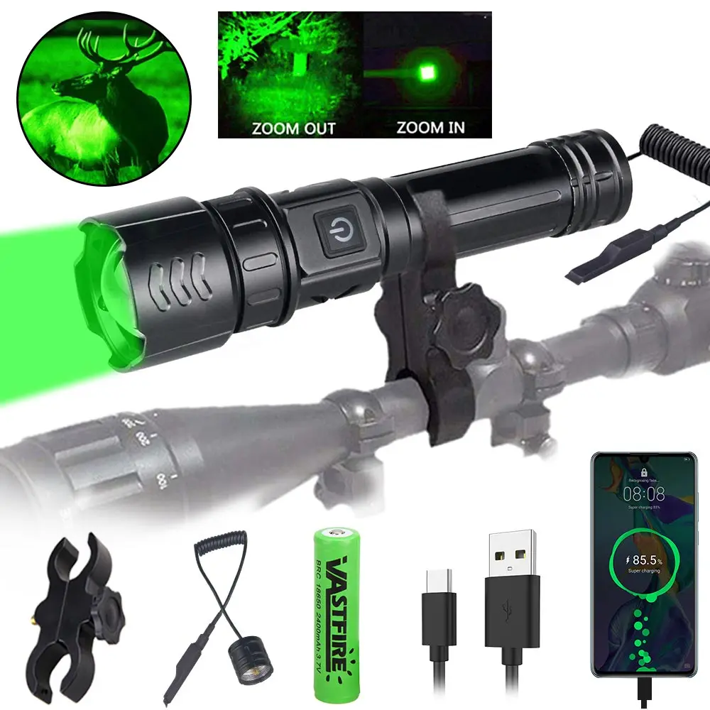 

Tactical Green Hunting Light Bright L2 LED Zoomable Flashlight 5 Modes USB Charging Lamp Power by 18650/21700 Battery with Mount