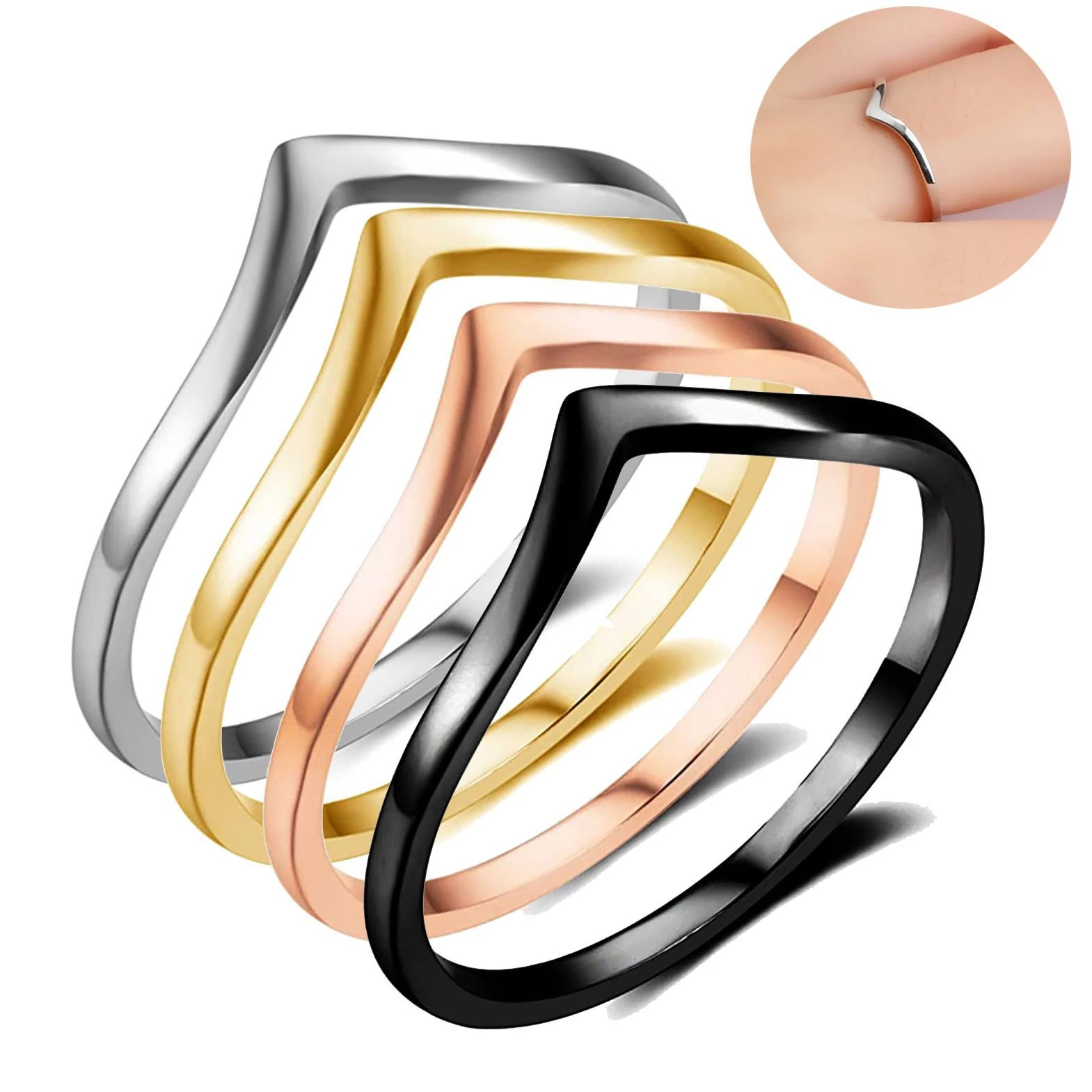 Dainty Chevron V Shape Stacking Ring Women 316L Stainless Steel Thin Wishbone Band Waterproof Minimalist Geometric Finger Ring