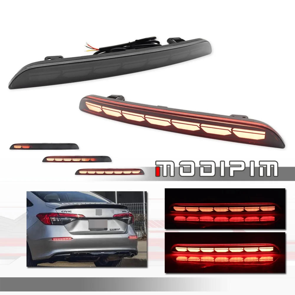 Red LED Car Rear Bumper Reflector Tail/Brake Lights For Honda Civic Sedan 2022-2024 Function as Rear Fog Light Turn Signal Light