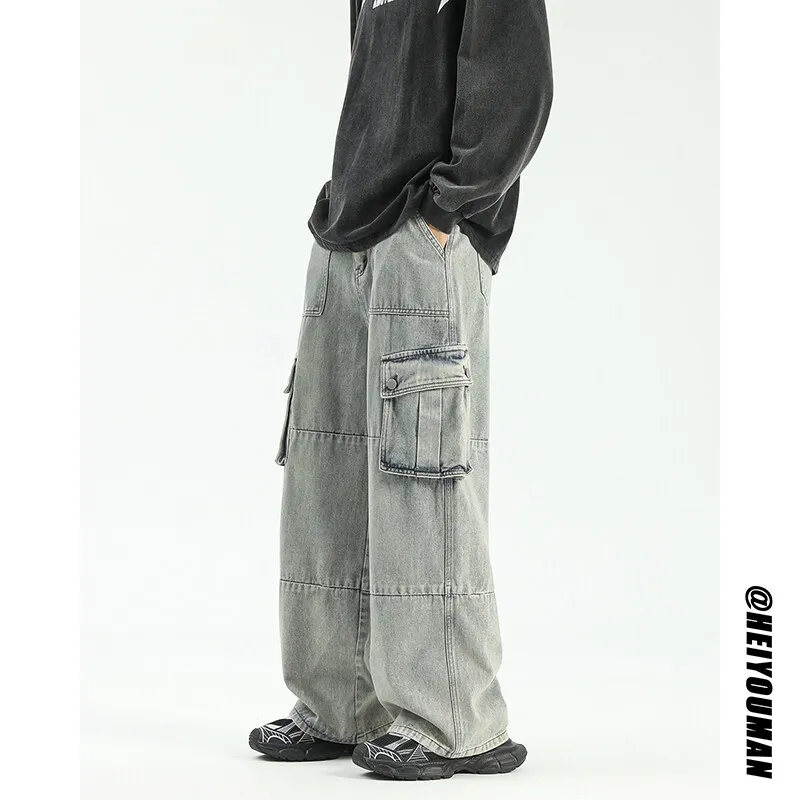 High quality Wide Leg jeans men Big Pocket Overalls Patchwork Men Unisex Neutral Loose Straight Casual High Street Hip Hop Jeans