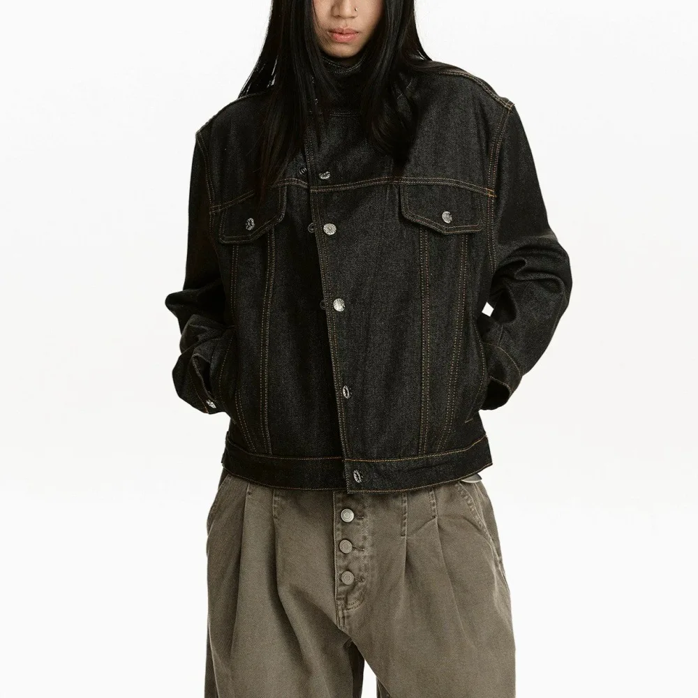 Women Demin Jacket 2026 New Unisex Black Raw Denim Stand Collar Asymmetric Placket Cropped Stiff Outerwear Jean Coat