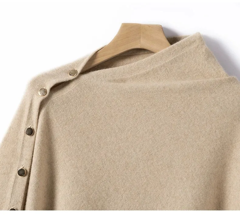 AOSSVIAO 2026 Neue Herbst-Winter-Kollektion Damen Reiner Kaschmir-Schal Einfarbig Warme Strick-Cape-Poncho mit Seitenknöpfen Oberbekleidung – Detail 3