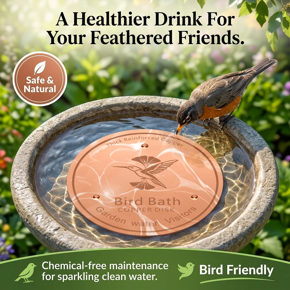 Thick Reinforced Copper Bird Bath Disk with Hummingbird Engraving for Garden Water Features and Outdoor Visitor