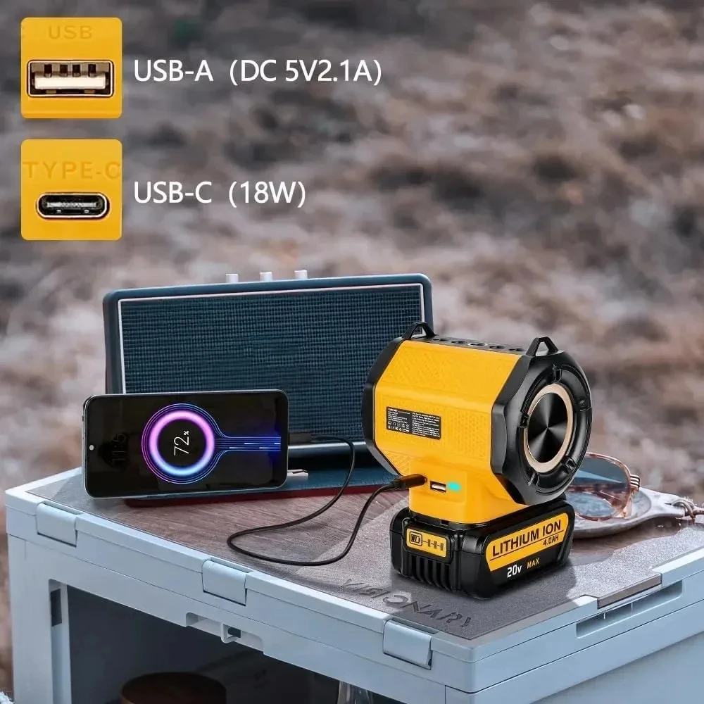 Portable Speaker With USB Type-C Port Bluetooth-compatible Player Loudspeaker Amplifier for Dewalt 18V 20V Li-ion Battery