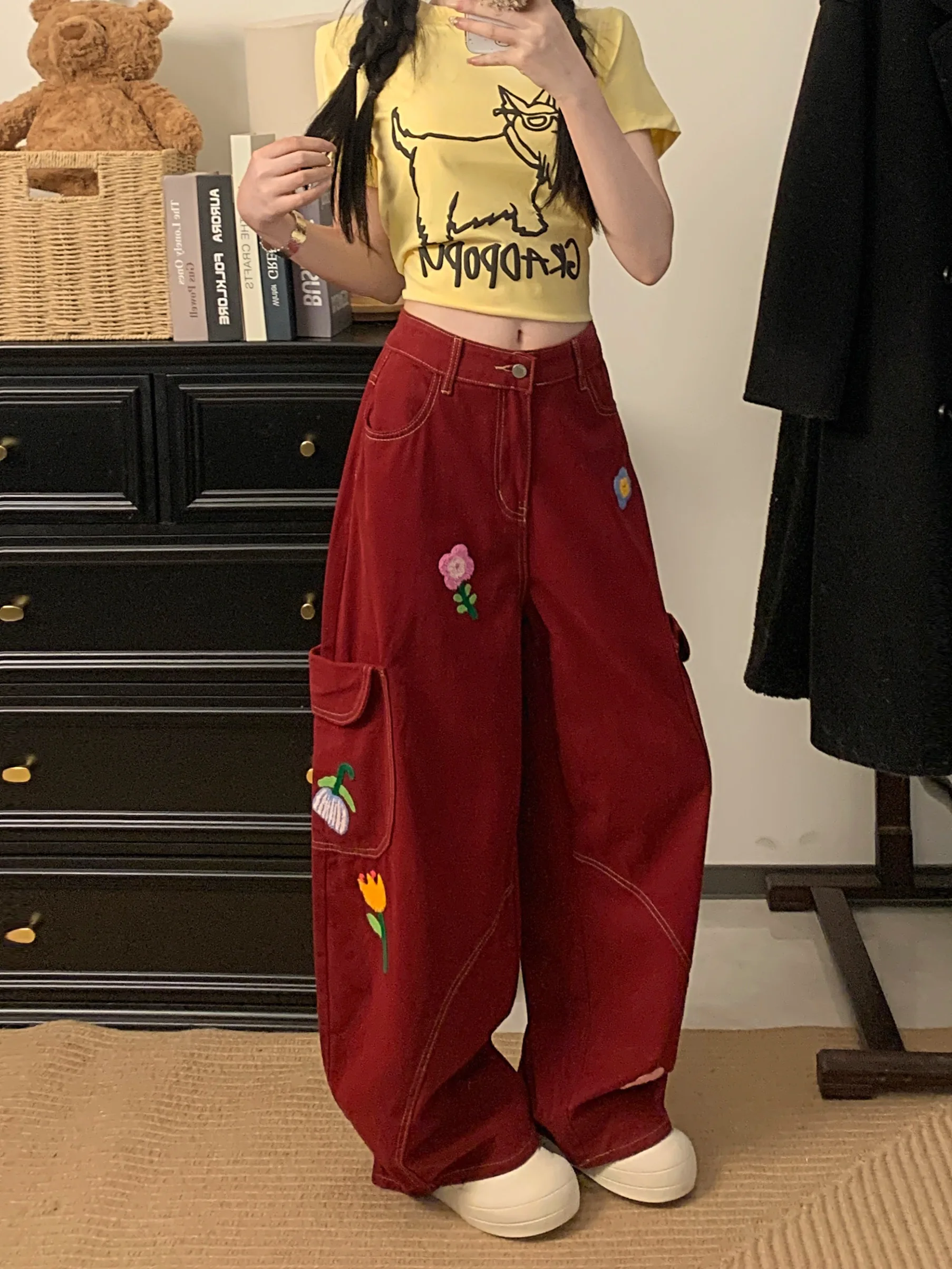 

Women's Red Cargo Baggy Jeans Trousers Sticky Fabric American Harajuku 2000S High Street Cute Retro Wide Leg Jeans Clothing 2025