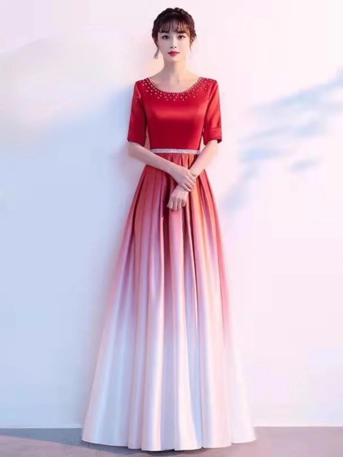 Ele Long Women's Dr adual Color Performance Costume for Chorus Performance Poem Recitation Host Ball Gown