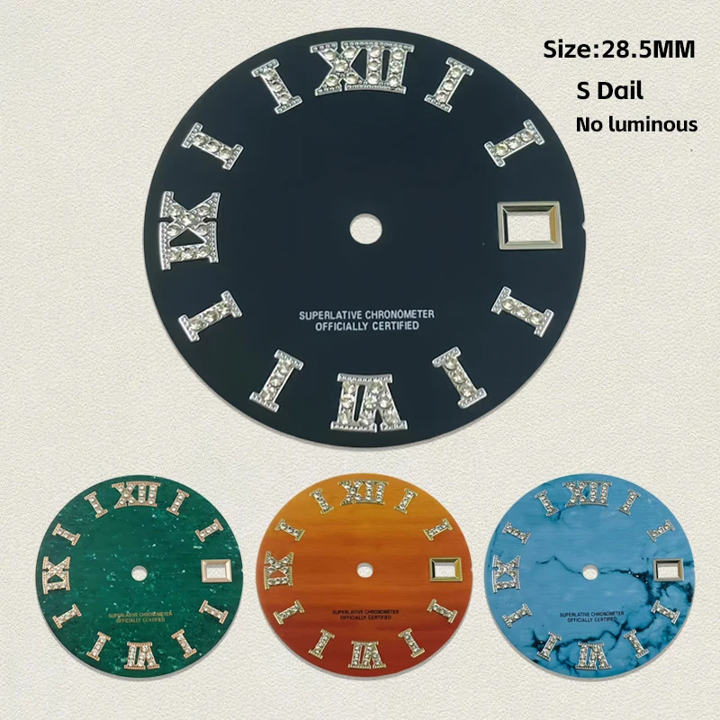 

New Nh35 Dial S Mark 28.5mm Roman Diamond Engraved Dial No Luminous for NH35/NH36 Caliber Watch Dial Accessories