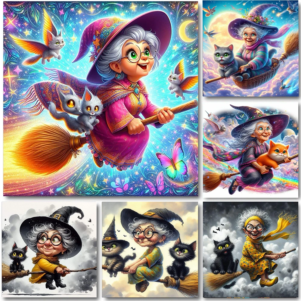 5D Full Round Diamond Painting Kits, Old Witch, Riding A Broomstick, Magic Woman, DIY Drills, Mosaic Embroidery, Cross-stitch