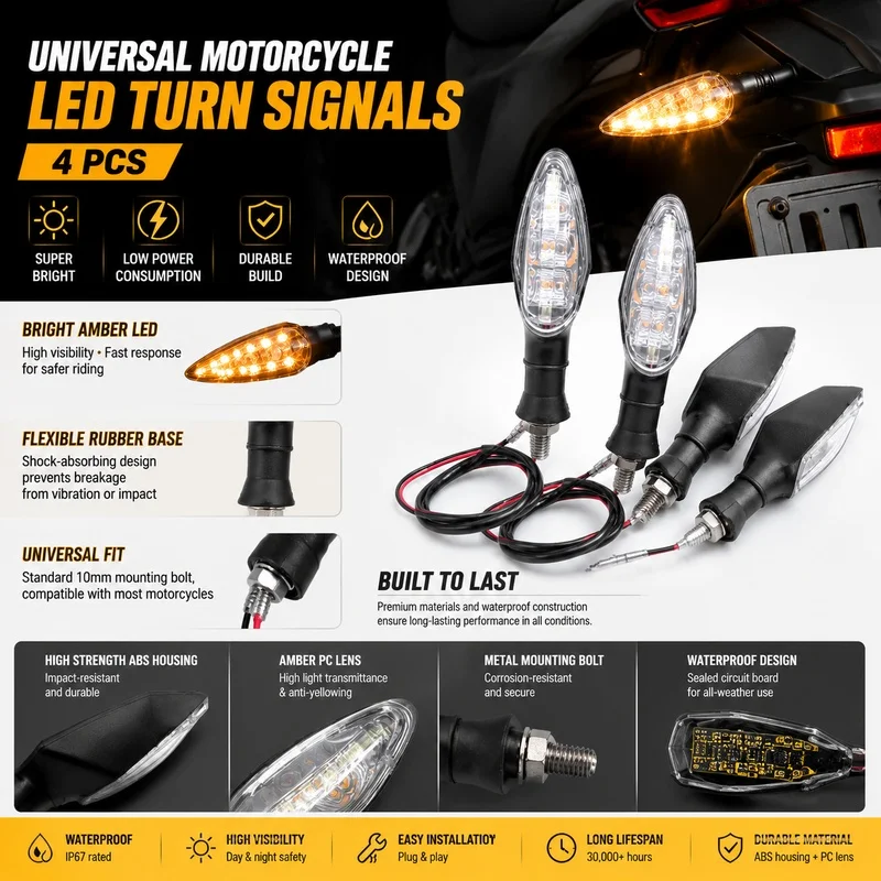 Universal Motorcycle LED Turn Signals Triangle Shape 12V Blinker Indicators 82mm Short & 102mm Long Handle Amber Lens Easy Insta