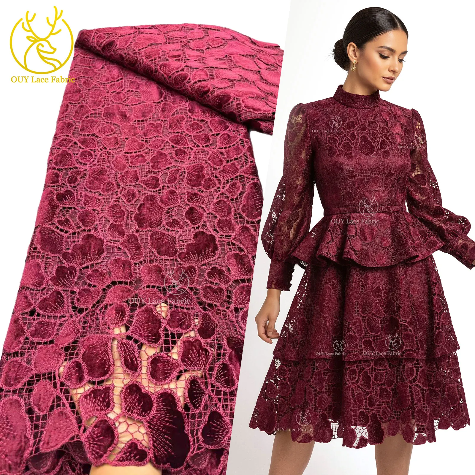 

2025 African Nigerian Velvet Guipure Embroidered Chiffon Lace Lace Fabric For Women Party Dress Sewing Material 5 Yards