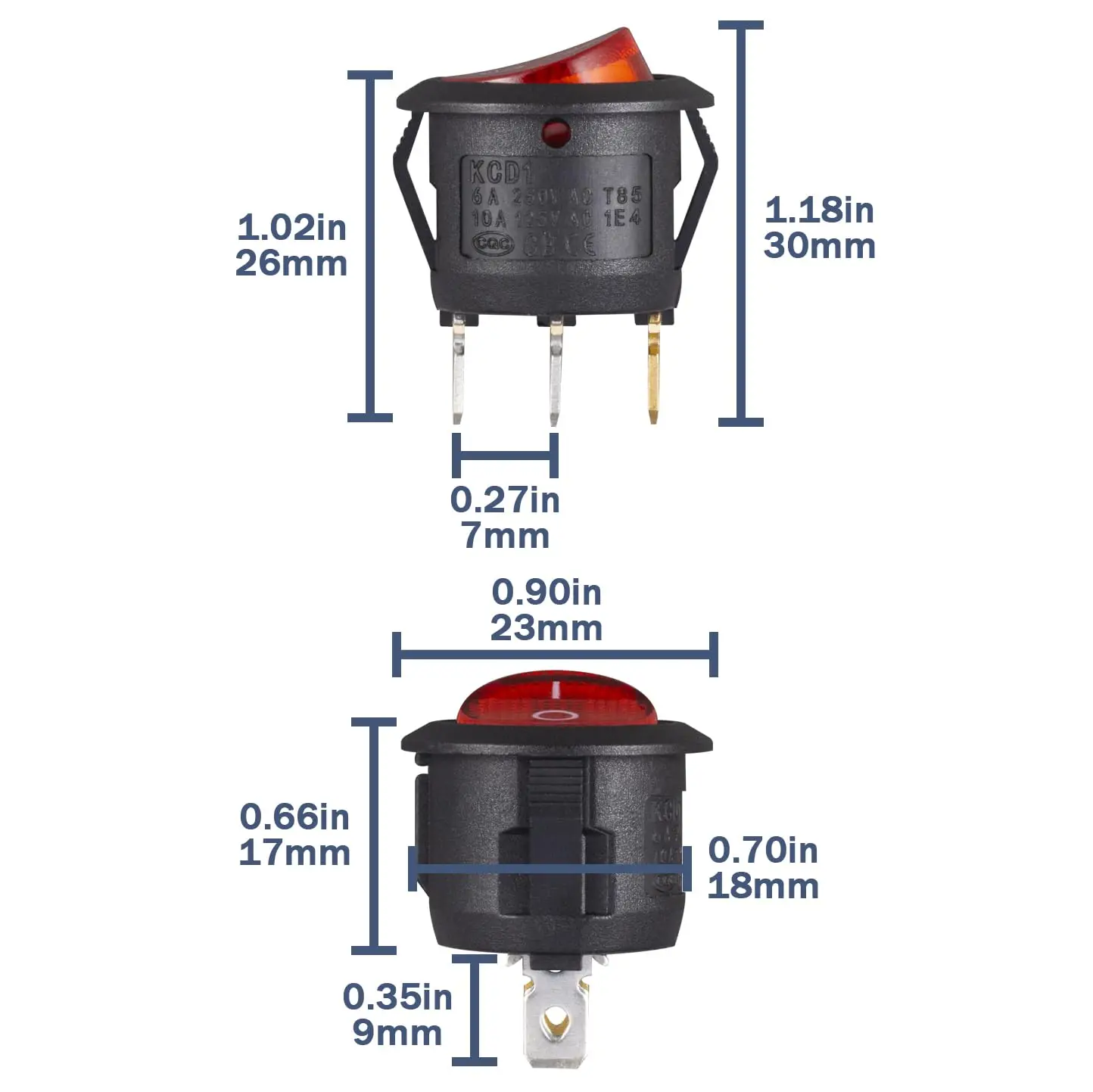 10pcs Round Rocker Switch Red Light Illuminated On Off 3 Pin 2 Position Mini Rocker Switch 125V 10A 250V 6A KCD1 Small Toggle