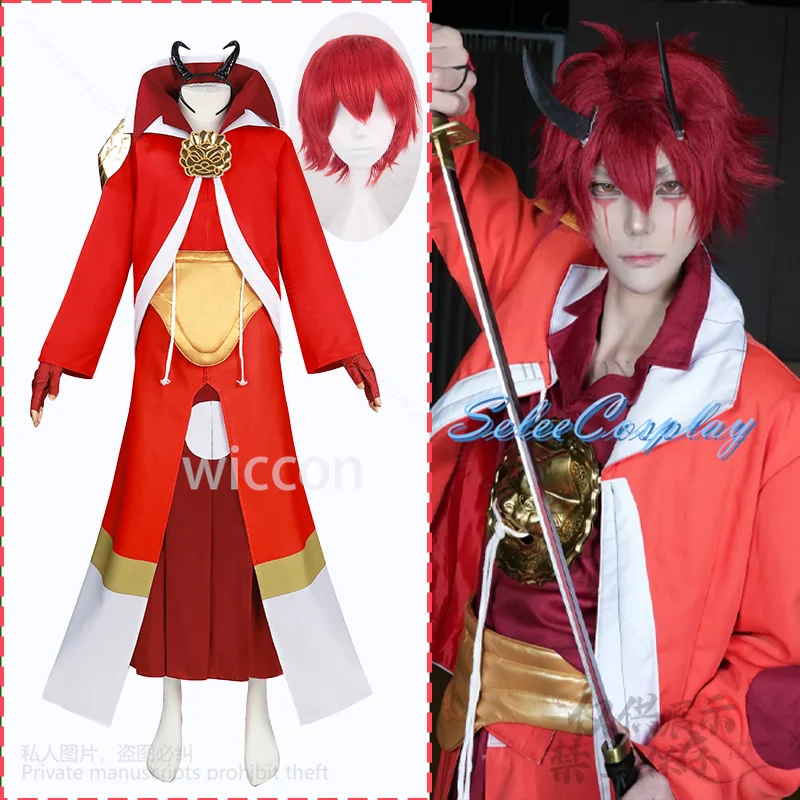 

Benimaru That Time I Got Reincarnated As A Slime Cosplay Anime Costume Red Japanese Kimono Ghost Long Coat Dress Horn Customized