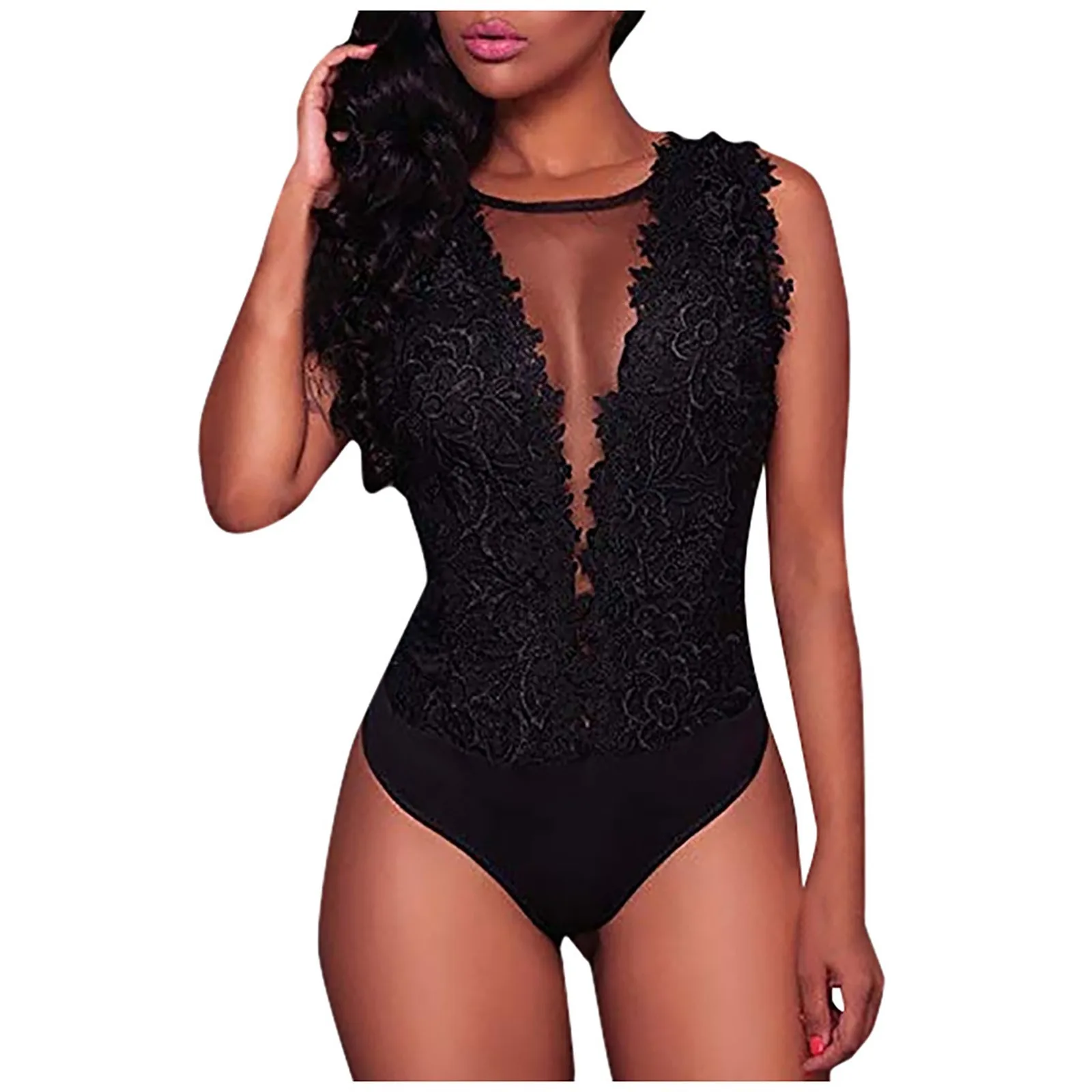 Women Exotic Sets Fashion Sexy Back Zipper V-Neck Slim Bobysuits Lace Embroidery Mesh Patchwork Sleeveless Hollow Bobysuits
