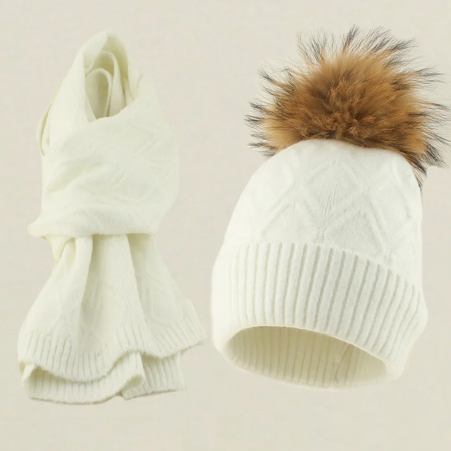 Hat Scarf Set Winter Women Wool Knit Beanie Raccoon Pompom Warm Accessory For Cold Weather Autumn Sports Skiing Outdoor Holiday