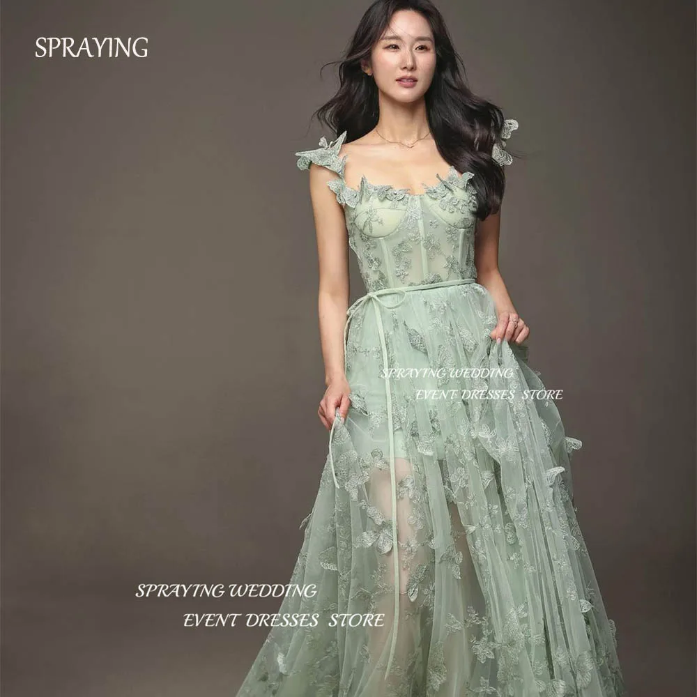 SPRAYING Fairy Dress Spaghetti Strap Tulle Korea Wedding Dresses Green A-line Long 3D Butterflies Corset Back Prom Dress 웨딩드레스