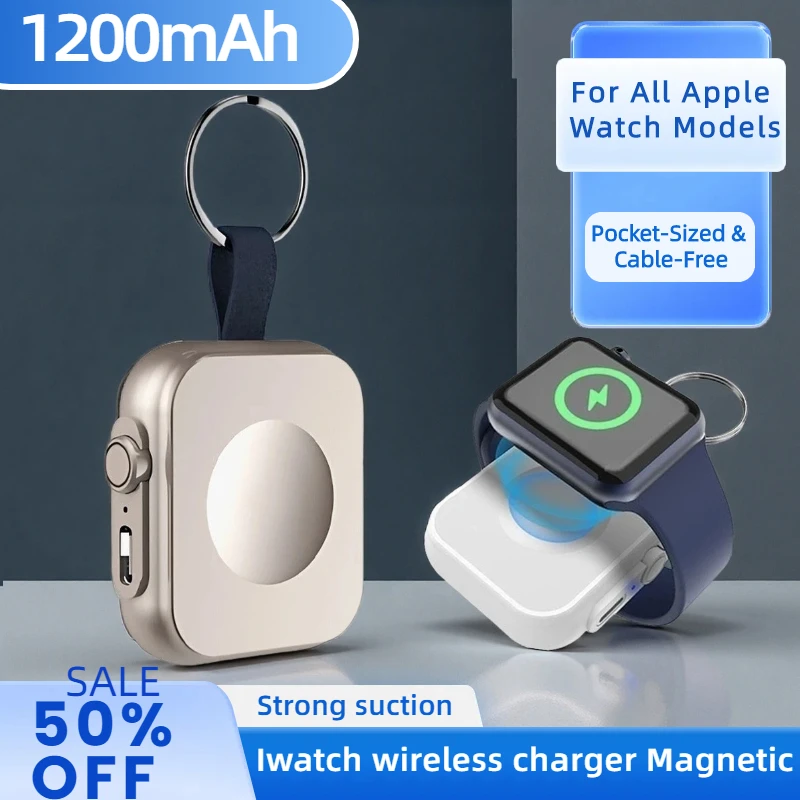 Mini Wireless Power Bank for Apple Watch S10. 1200mAh Fast Magnetic Charging, Pocket-Sized & Portable.