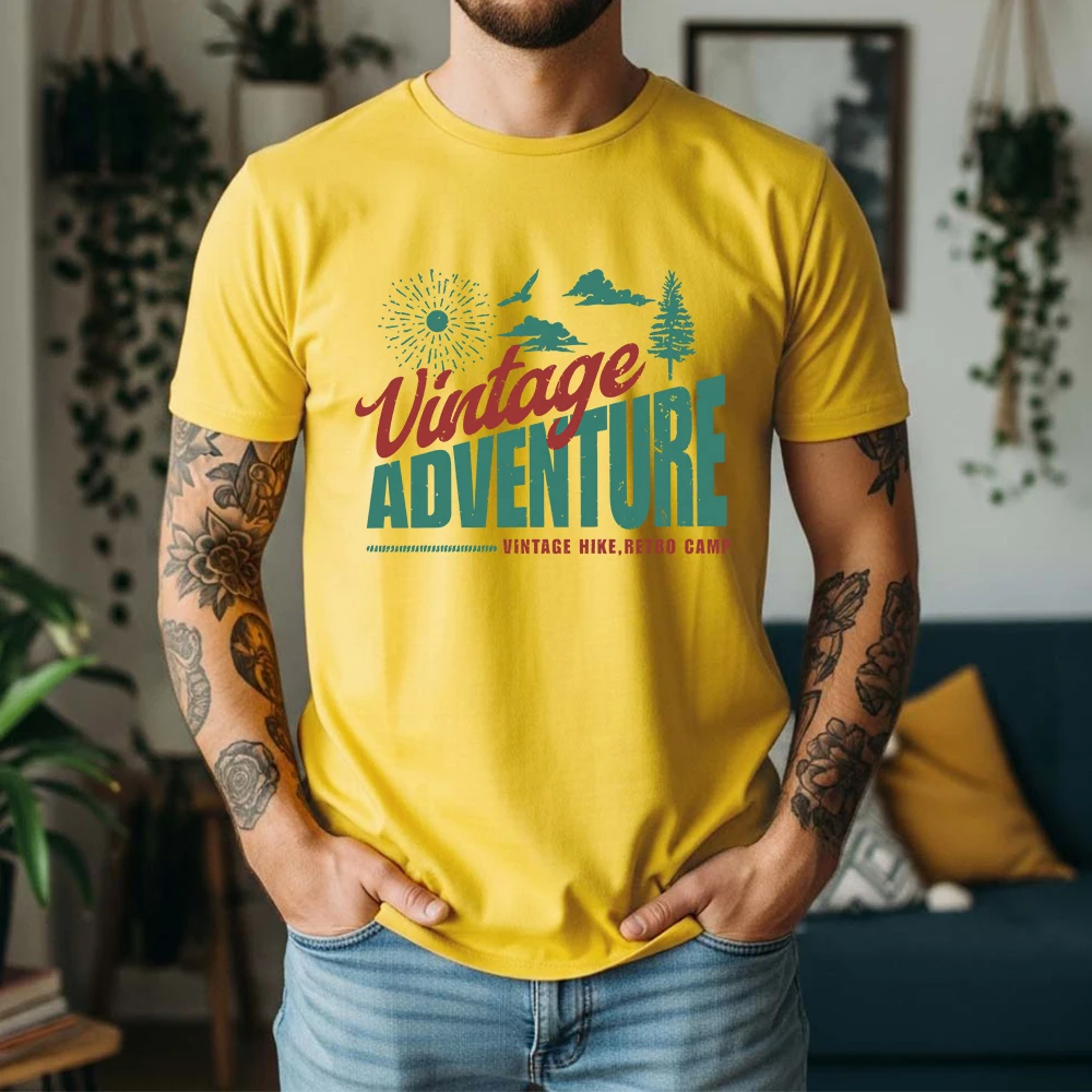 New Summer Men's 100% Pure Cotton T-Shirt Vintage Adventure Nature Explorer Retro Camp Casual Breathable Short Sleeve