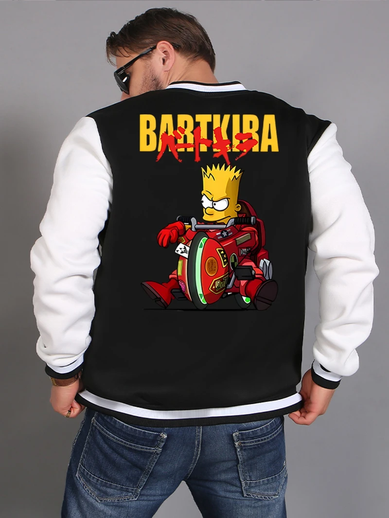 

The Pusen Family Men's Baseball Jacket with A Printed Pattern of Bart Riding A Motorcycle and A Red Color-blocked Design