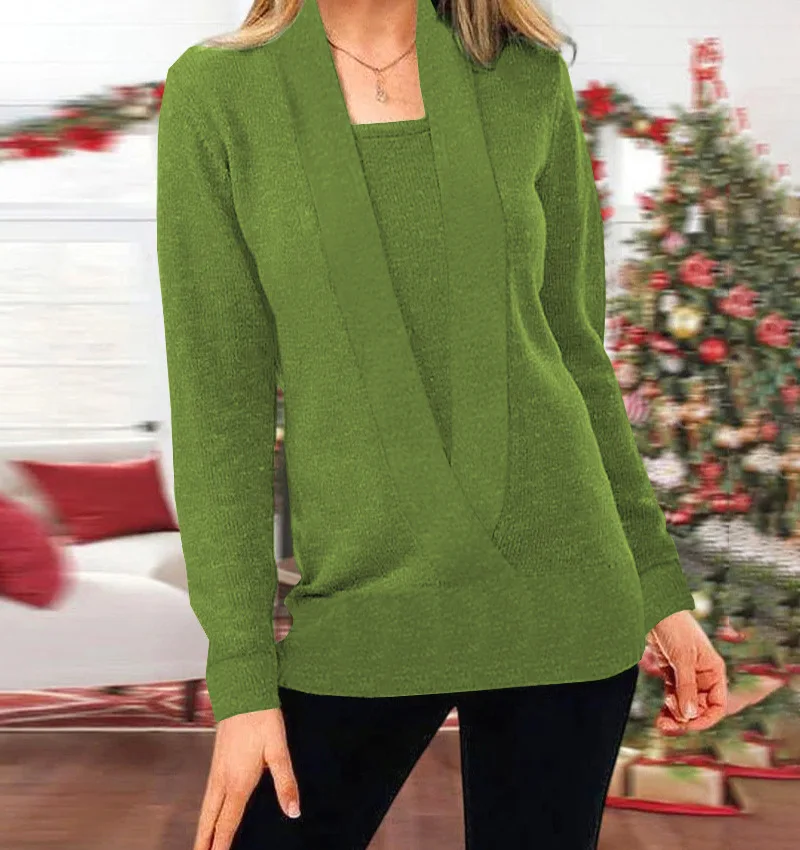 2024 new knitted pure color deep V-neck long-sleeved fake two-piece sweater women\'s jacket