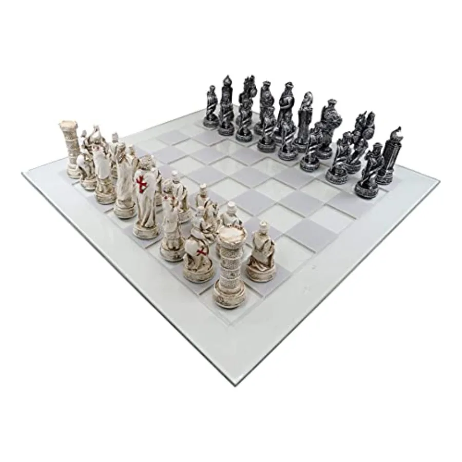 

Hand Painted Medieval Crusader Knights of The Cross Christian VS Muslim Saladin Ottoman Empire Resin Chess Pieces with 15 by 15