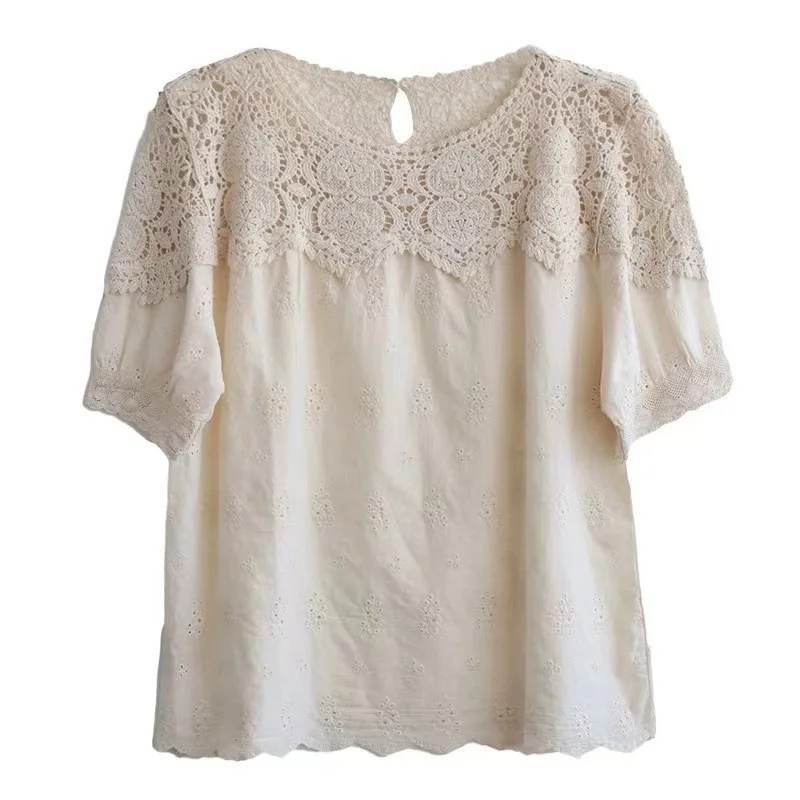 New Spring Cotton Short Sleeve Shirt Women Lace Hollow Out O Neck Top Girl Loose Sweet Chic Casual Blouse 2024 Summer T45947QM