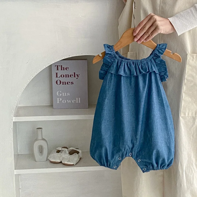 0-2T Newborn Romper Summer New Girl\'s Little Flying Sleeves Denim Creeper Casual Blue Versatile Girl\'s Sling Jumpsuit