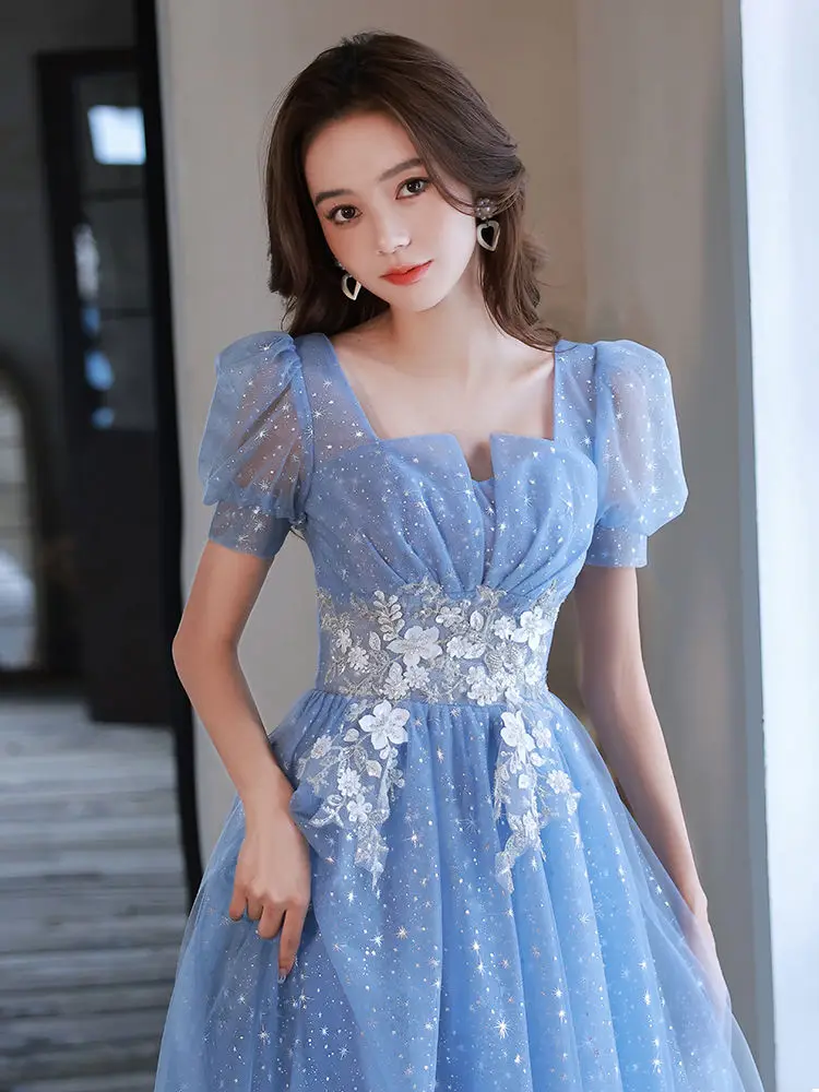 Blue Annual Party Dress Female Temperament Elegant Long Host Special Interest Light Luxury High-End Texture Art Exam Vocal Music