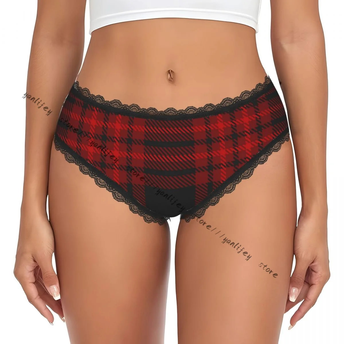 Ladies Elegant Lace Low Waist Panties Burgundy And Black Plaid Sexy Briefs Underwear