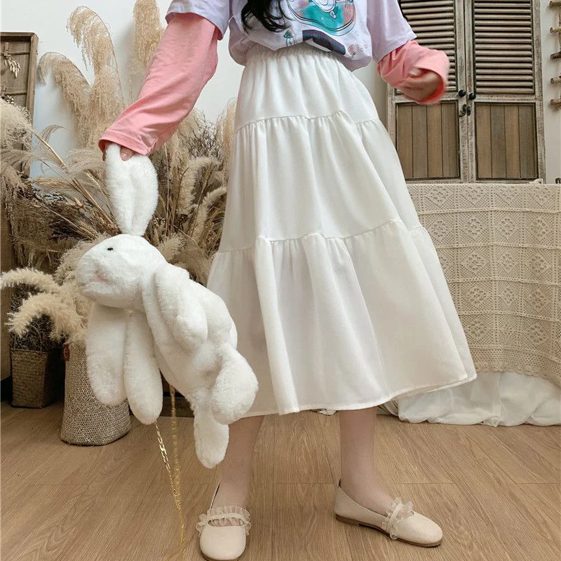 Kawaii rok panjang wanita, Harajuku Lolita lucu tambal sulam pinggang tinggi longgar rok A-Line Midi gadis Vintage kasual rok lembut