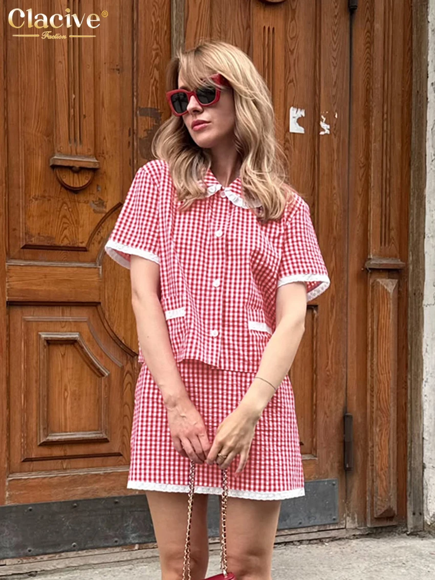 

Летний свободный комплект Clacive в красную клетку для женщин: модная рубашка с коротким рукавом и мини-юбка с высокой талией, женская одежда