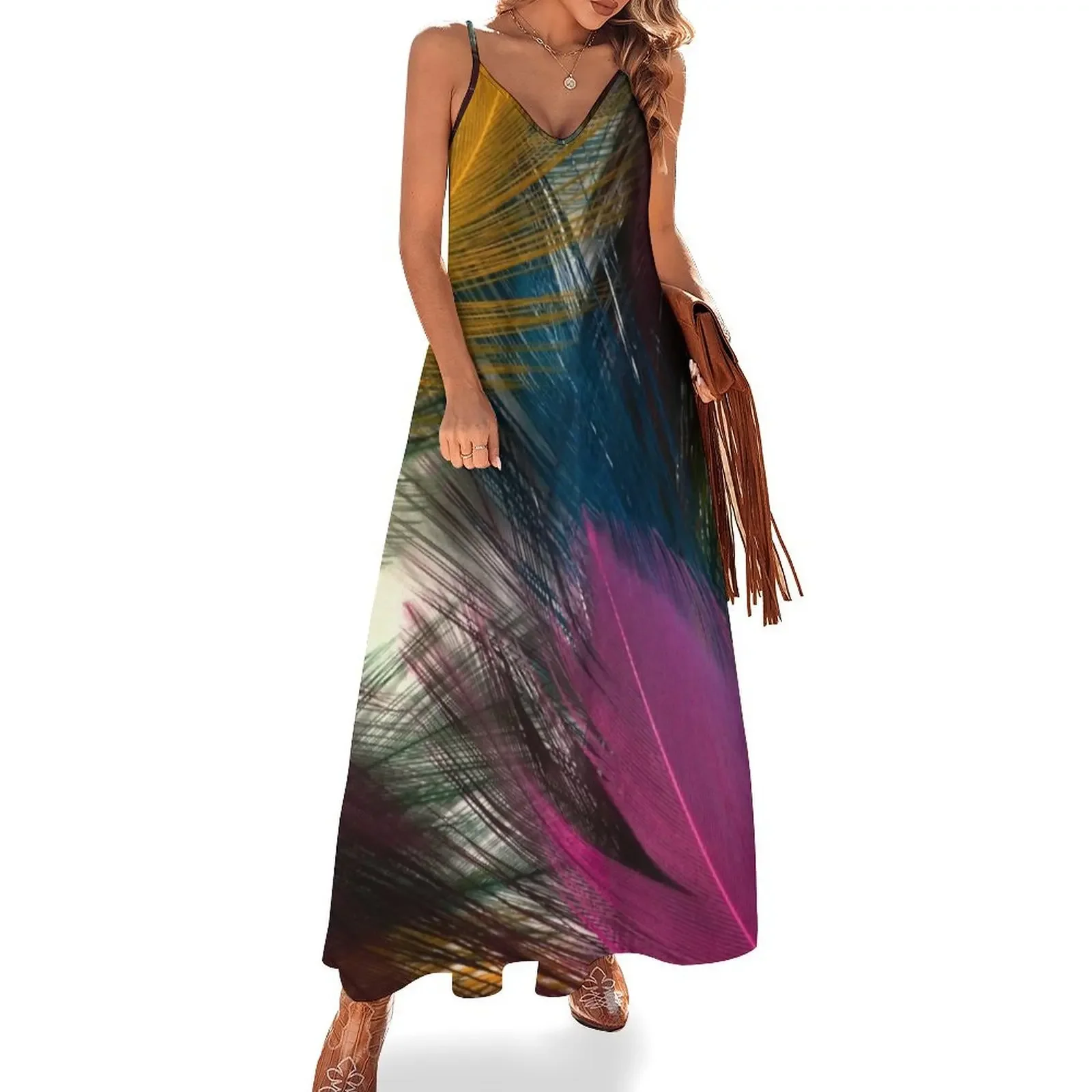 

A variety of colors of wonderful Bird Feathers Sleeveless Dress long dress women summer women evening dress