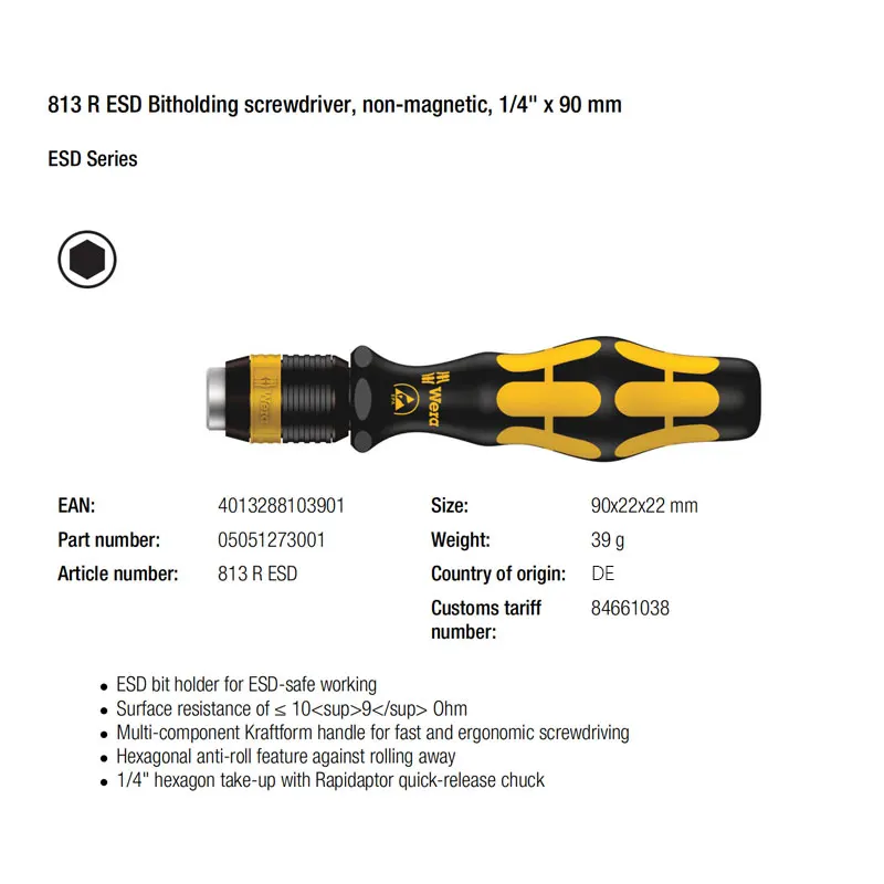 WERA 05051273001 813 R ESD  Hexagonal Drill Bitholding Screwdriver Non Magnetic 1/4 Inch Bit 90mm Length Screwdriver Tools