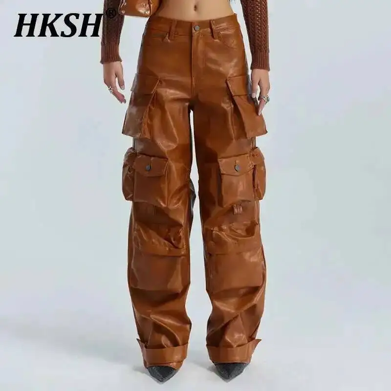 

HKSH Брюки-карго из искусственной кожи с несколькими карманами, новые осенние женские брюки-карго в стиле сафари, персонализированные свободные повседневные широкие брюки в стиле сафари H2939