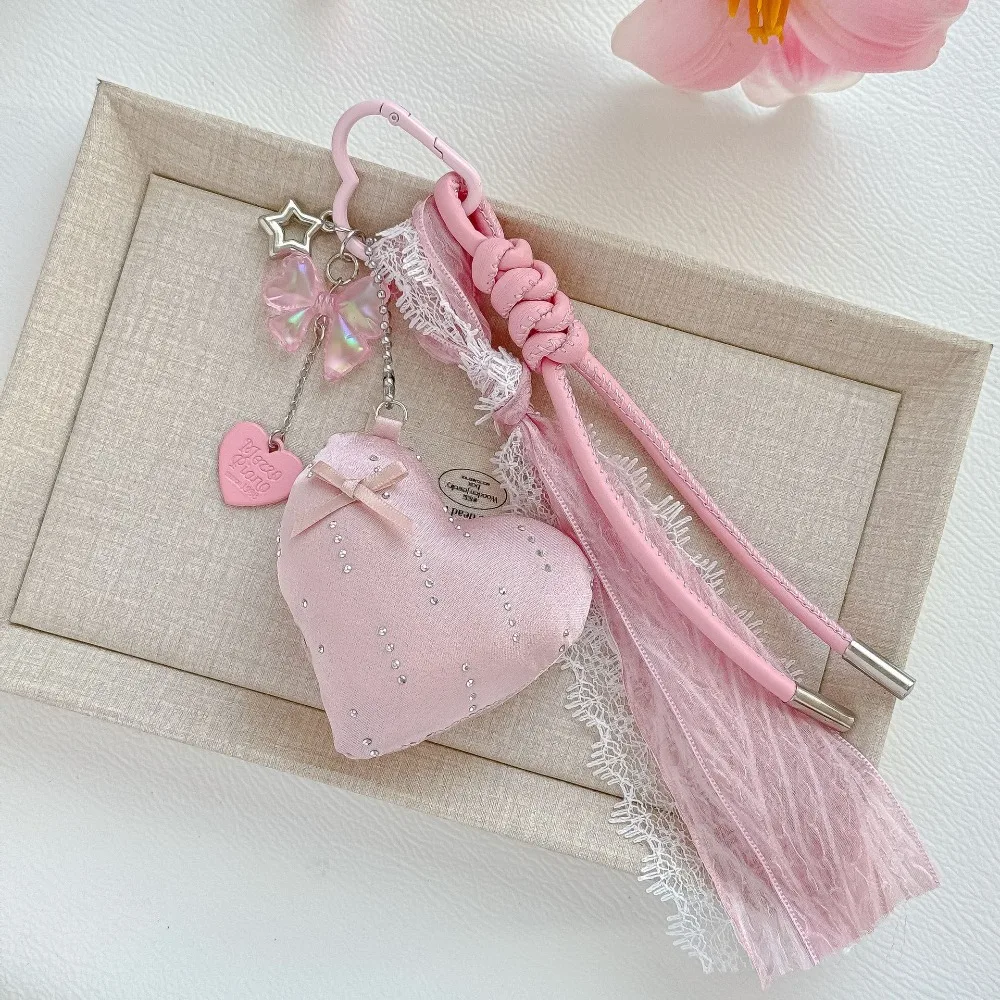 Pink color Padded Heart Bag Charm Keychain Korean Sweet Bow Pendant Cute Plush Key Ring Purse Accessory for Women Girls