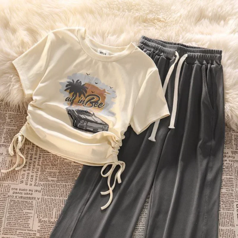 

Женские укороченные футболки с гофрированными рукавами и винтажным принтом, летние широкие удобные брюки для отдыха в американском стиле Харадзюку