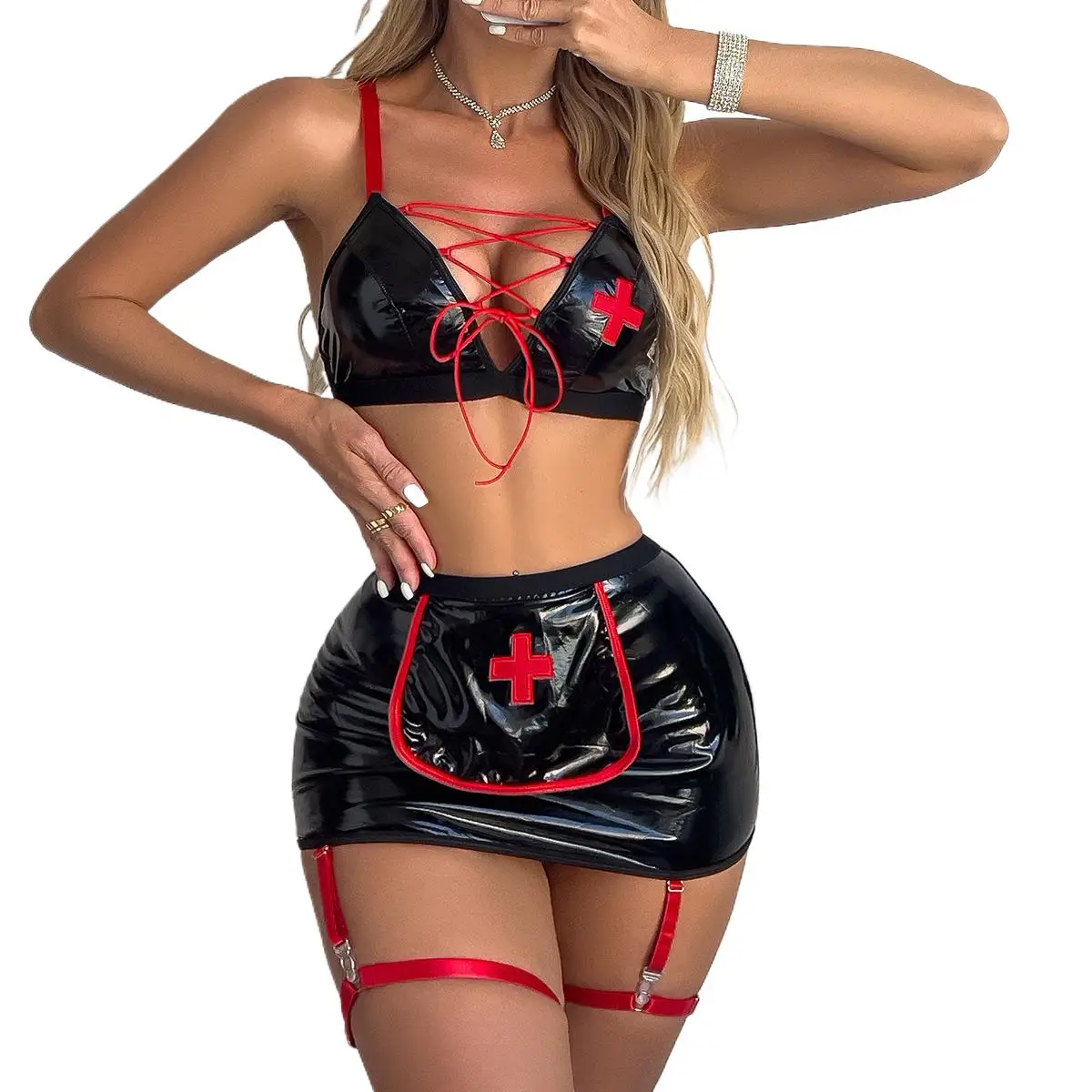 

​ Сексуальный костюм медсестры, комплект из 2 предметов, женский латексный бюстгальтер из искусственной кожи и мини-юбка, эротическое белье, наряд для ролевых игр, фетиш-одежда для взрослых, вечеринка ​