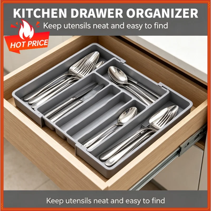 1Pcs Upgradation Adjustable Flatware Tableware Organizer – Plastic Multifunctional Drawer Organizer for Kitchen Counter Utensils