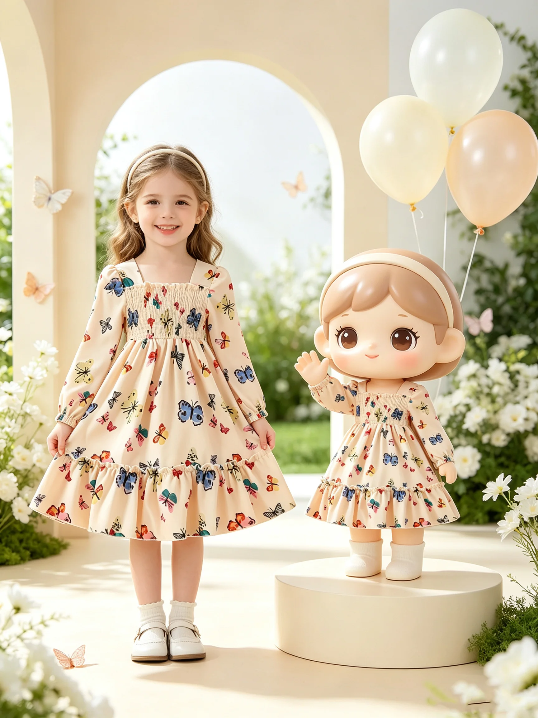 Girls' Autumn Square Collar Long Sleeve Dress Waist Cinched Butterfly Print Mid-Length Skirt Children's Clothing
