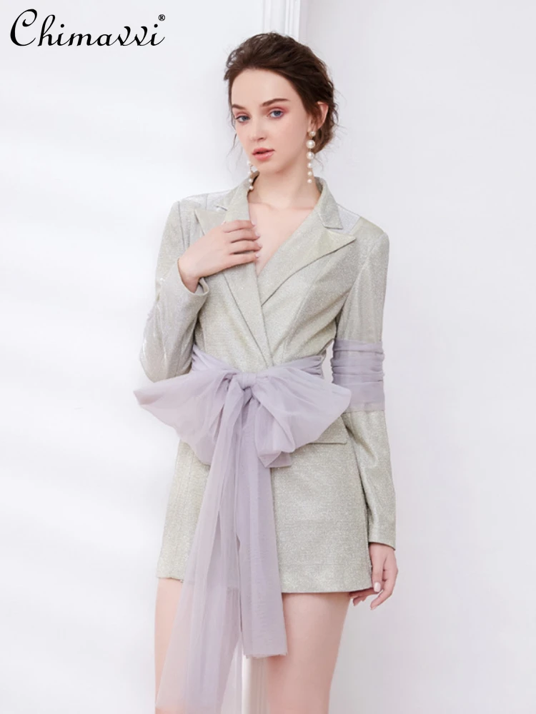 

Fashion High Waist Long Sleeves Suit Collar Women's Dress 2023 Autumn Commute Style Solid Color Patchwork Short Dress