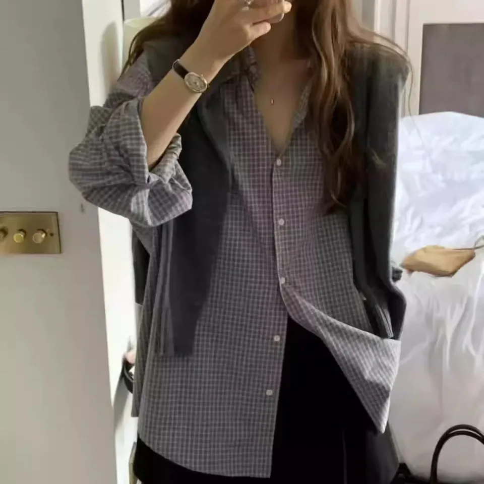 เสื้อเชิ้ตลำลองทรงหลวม แขนยาว ลายสก็อต ปกพับ สำหรับผู้หญิง ความยาวปานกลาง เหมาะกับฤดูใบไม้ร่วง แฟชั่นทันสมัย