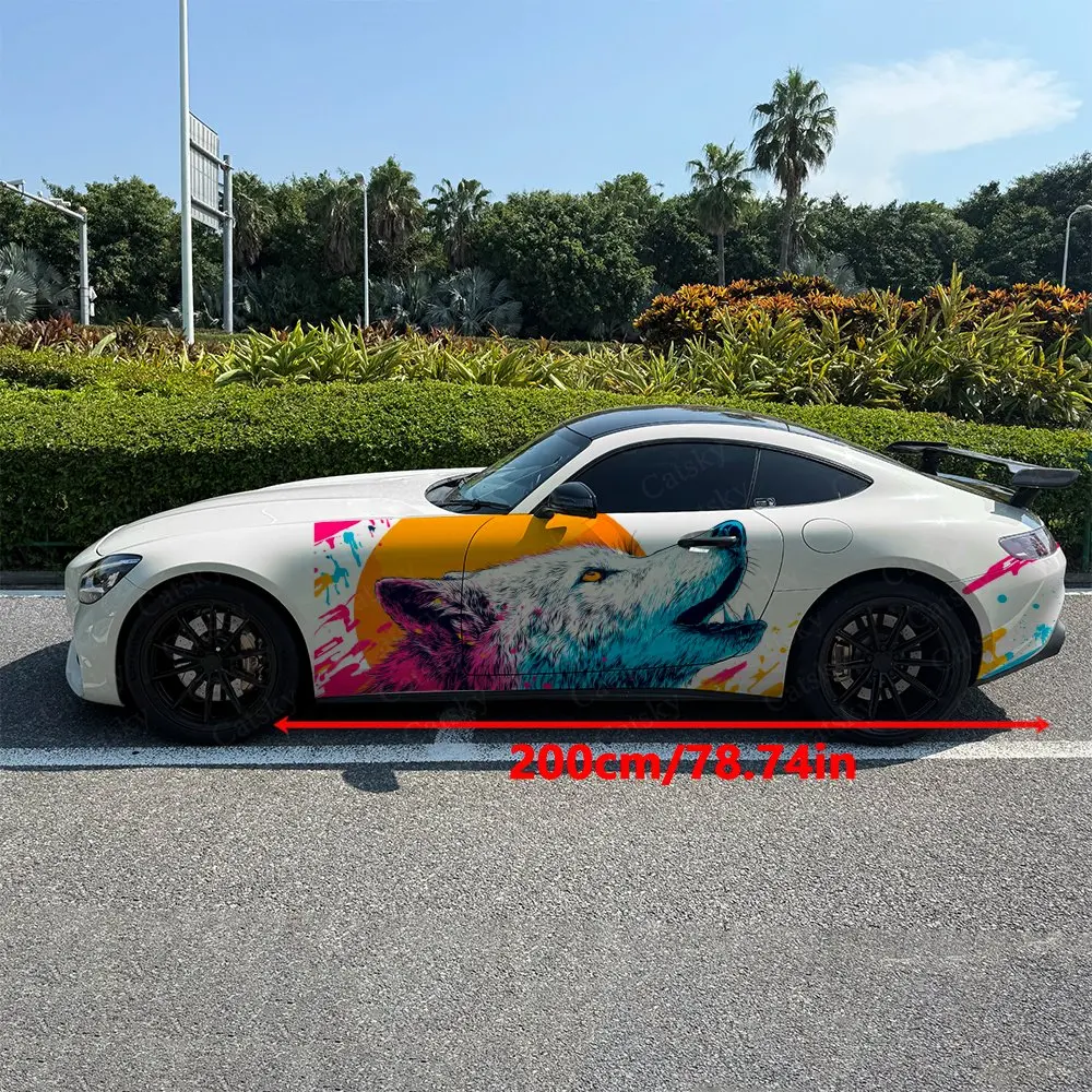 2pcs Neon Vibrant Angry Wolf Car Side Wraps, Self-Adhesive PVC Waterproof & Scratch-Resistant Stickers, Car Accessory Gift