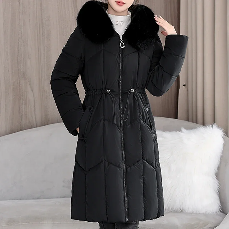 Moda feminina casacos de inverno quentes com capuz 2024 elegante gola de pele do falso senhora jaquetas grosso longo parkas