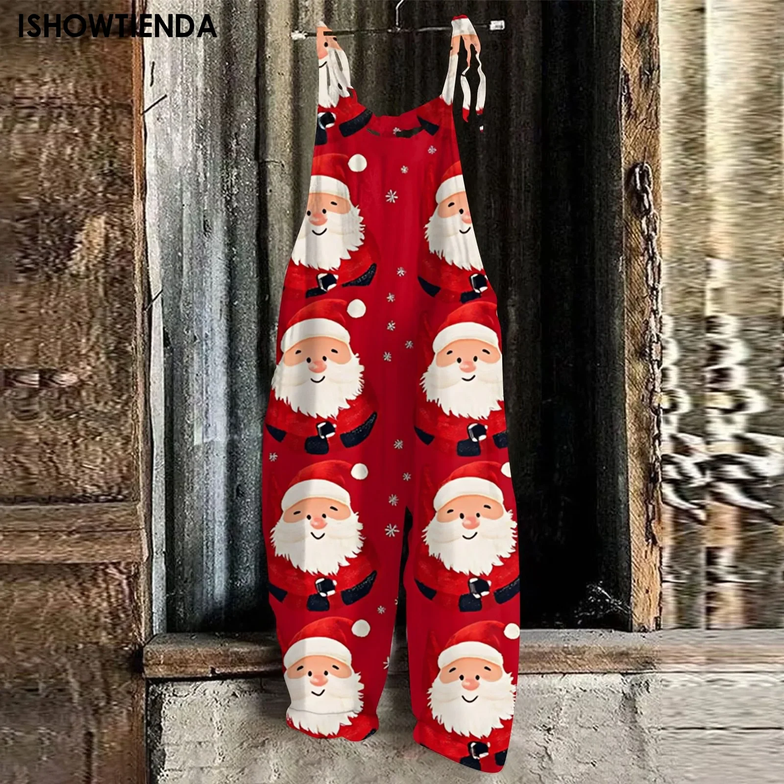 Women's Christmas Snowman Print Adjustable Strap Jumpsuit Wide Leg Rompers Loose Casual Bib Overalls Strappy Dungarees Onesie