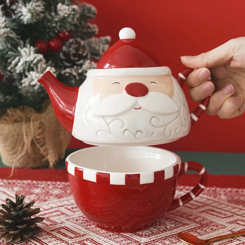 Festive Santa Claus Ceramic Teapot & Cup Set - 400ml Christmas Tea Pot with Matching Mug, Tea for One Set for Home Party Decor