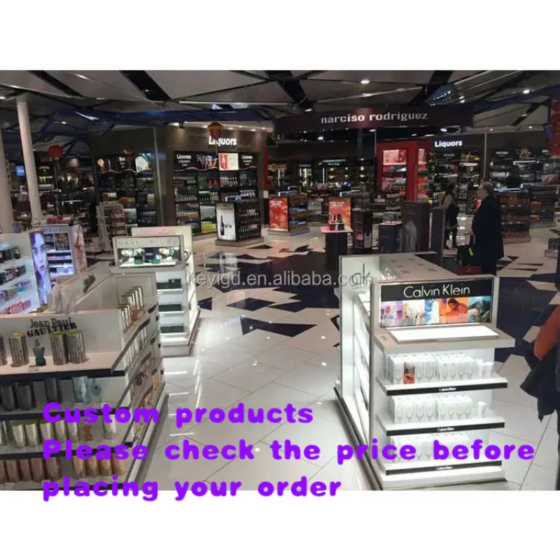Mostrador de Maquillaje Personalizado de Acero, Estantes de Góndola con Luz LED, Exhibidor de Cosméticos para Minoristas, Soporte para Perfumes, Muebles de Madera para Compras