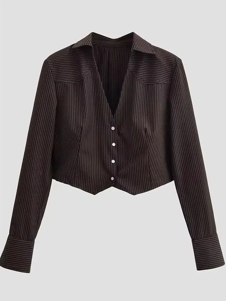 

HH Woman Fashion Long Sleeves Single-breasted Stripes Loose Short Shirt Women Spring Commuting Versatile Streetwear V-Neck Tops