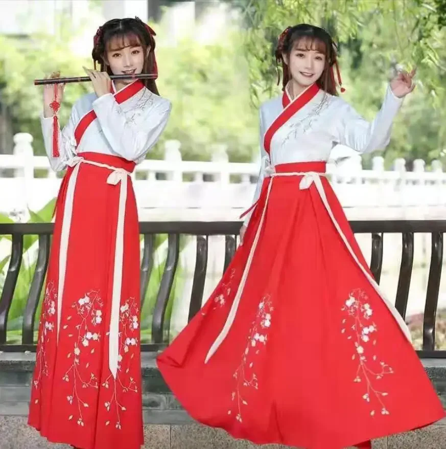 2023 chinesische Hanfu weibliche fee Kostüm Erwachsene Student Ming Tang Han Frauen stil Mädchen stickerei Sarong Täglichen Kragen Anzug Set