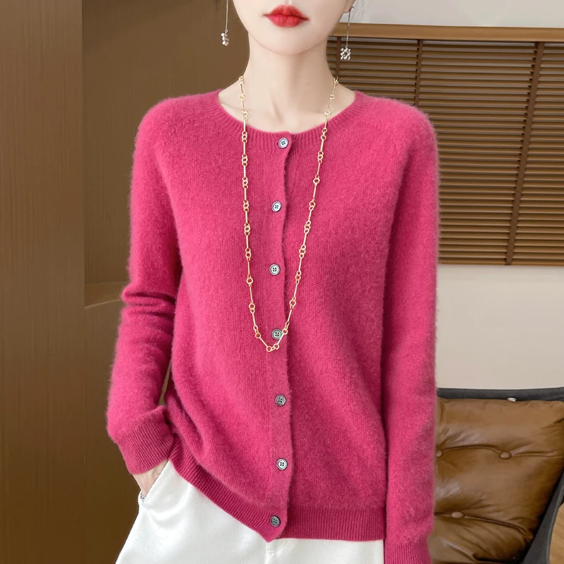 100% Wool Round Neck Cardigan Women's Solid Color Knitted Jacket Autumn And Winter Loose Casual Long Sleeved Sweater DMR D019