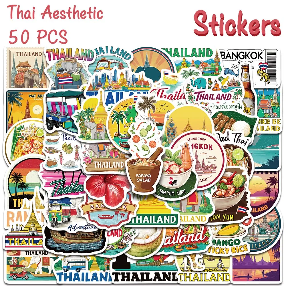 50pcs Cartoon Thai Aesthetic Stickers Thailand Travel Decal For Laptop Journal Luggage Guitar DIY Creative Stickers Travel Gifts