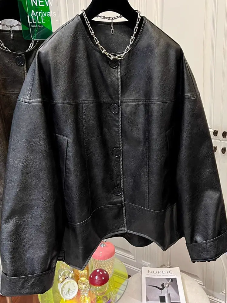 

plus Size 300 Pou ort PU Leather Jaet Korean Sle Autumn Winter Coat Youth ular Loose Fit Button Decorated Windproof